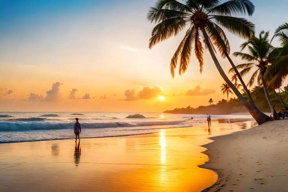 beach-sunset-with-palm-trees-people-walking-sand